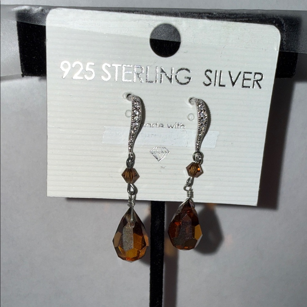 Elegant Sterling Silver Drop Earrings with Diamonds and Brown Accents